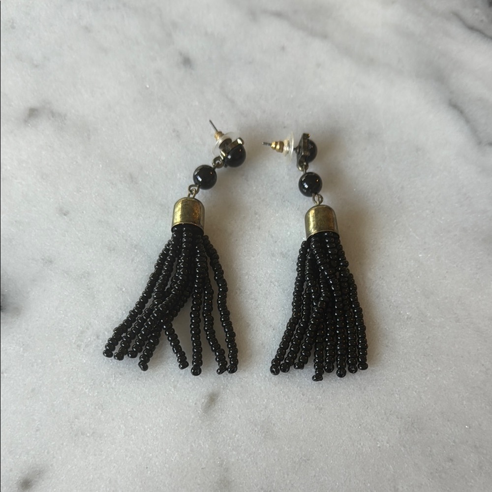 Chic Black Beaded Tassel Earrings